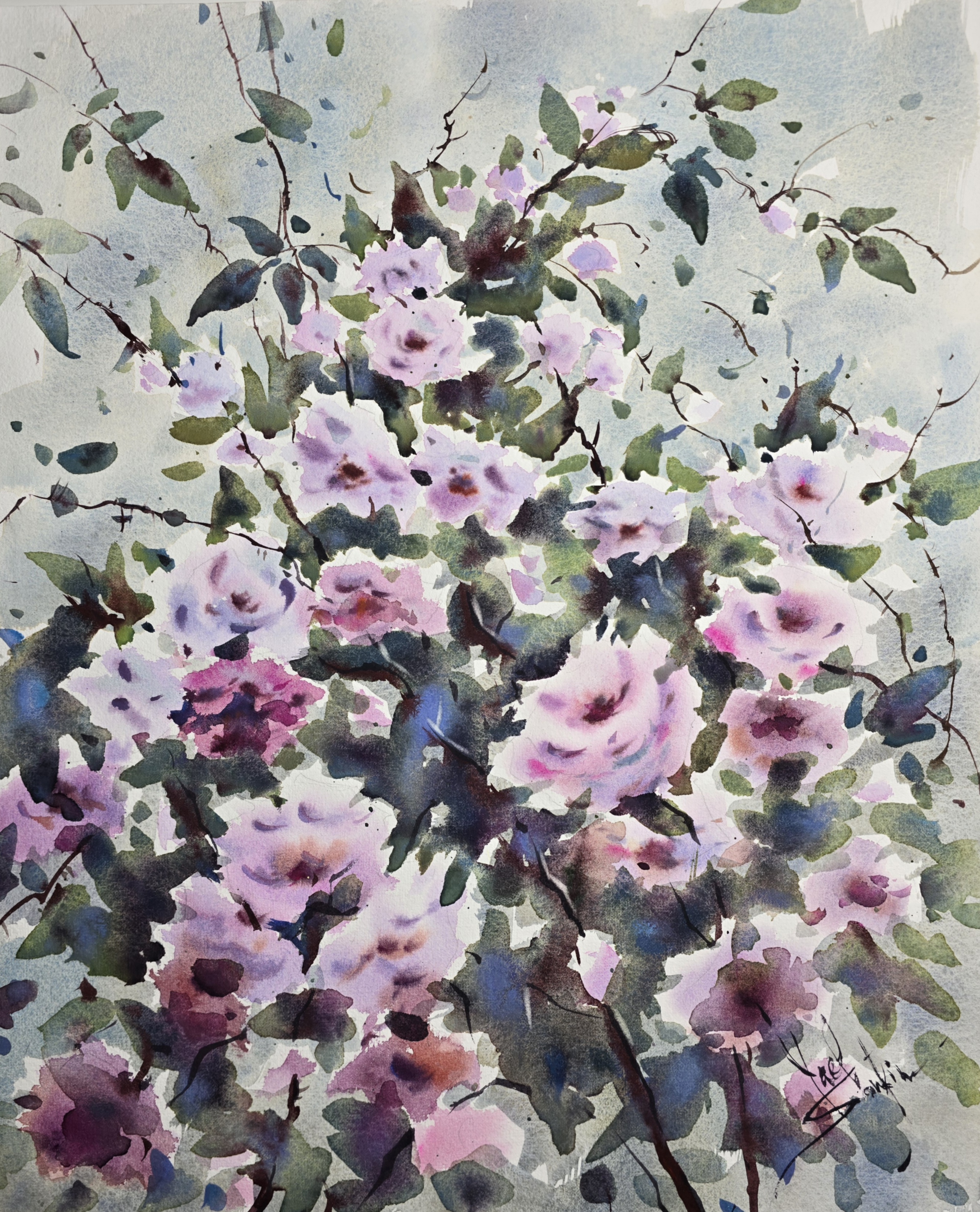 Original watercolor painting of pink roses, expressive floral artwork on paper