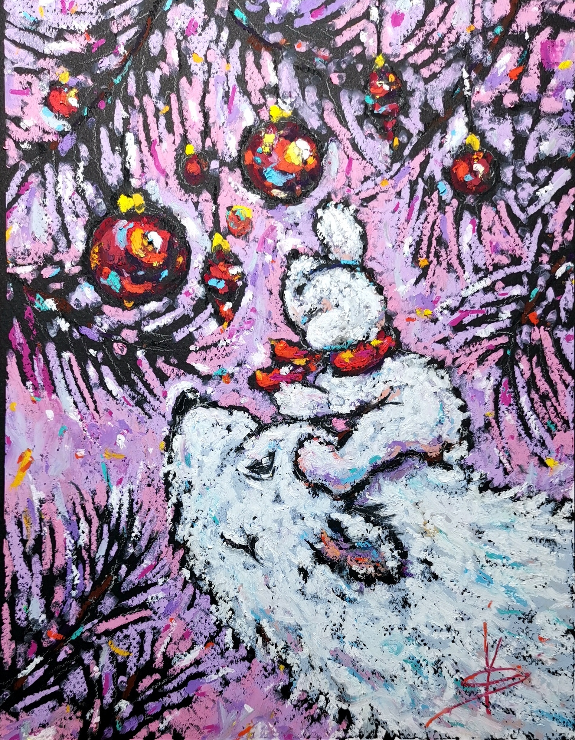oil pastel painting of polar bear mother with cub under christmas tree with ornaments, magical winter fairy tale art, 12x9.5 inches