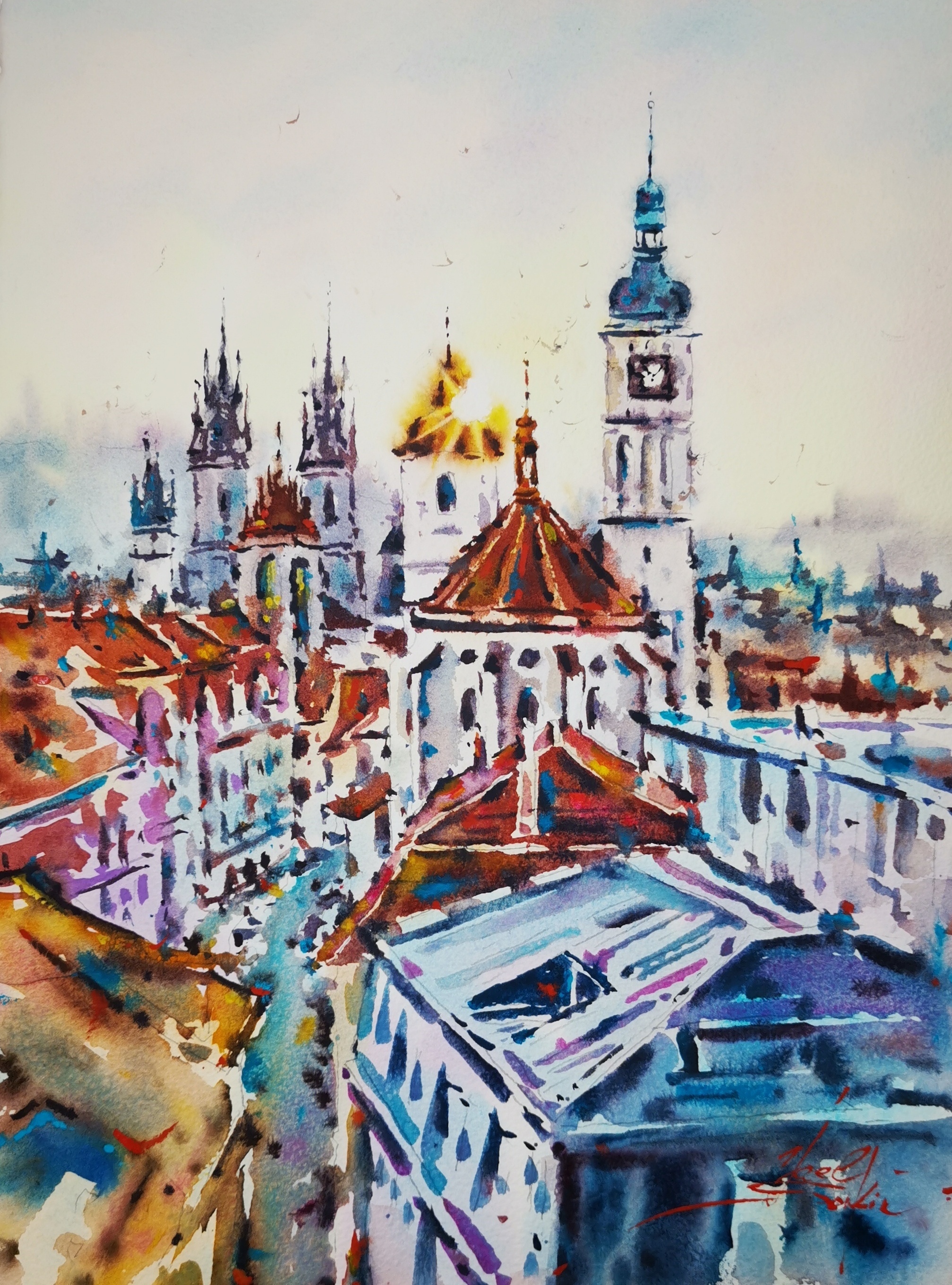original watercolor painting of prague old town square with tyn church and astronomical clock tower, european cityscape wall art 15x11 inches