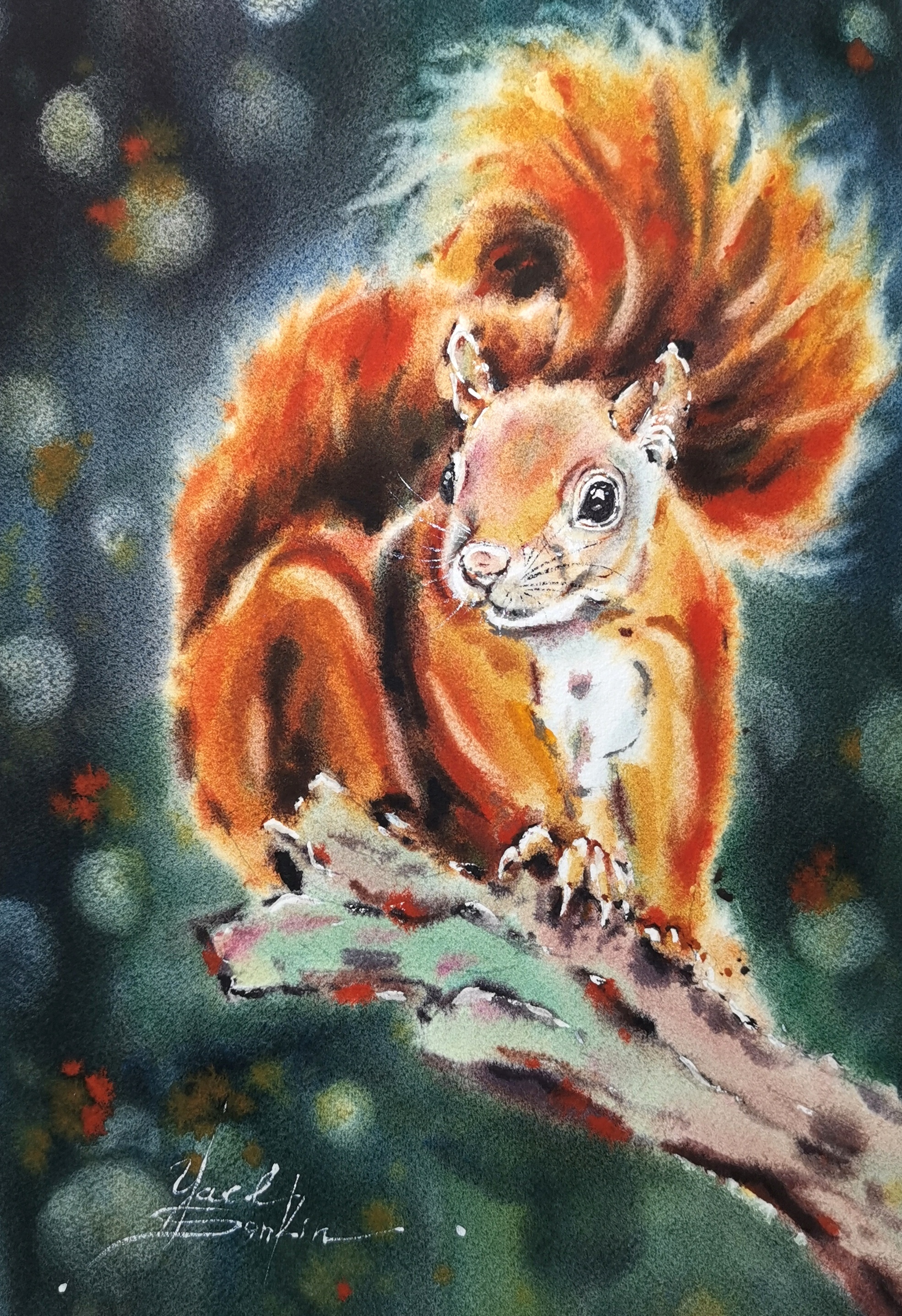 Original watercolor painting of a red squirrel on a branch by Yael Natali. Woodland animal art featuring a fluffy squirrel in warm autumn colors with a soft forest background, perfect for wildlife and nature wall decor