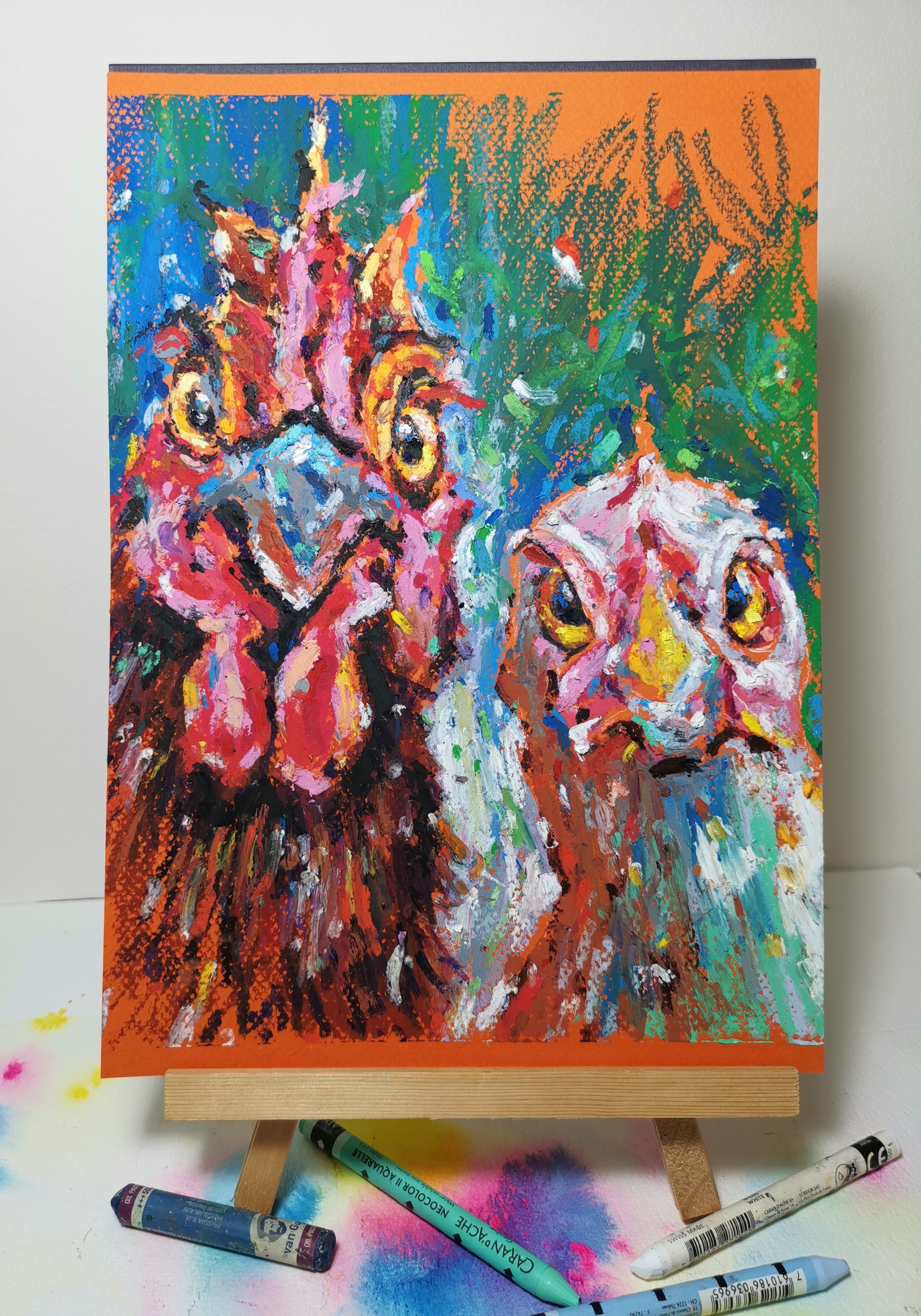 vibrant rooster and hen portrait in oil pastels, symbol of rural countryside living and farm animals