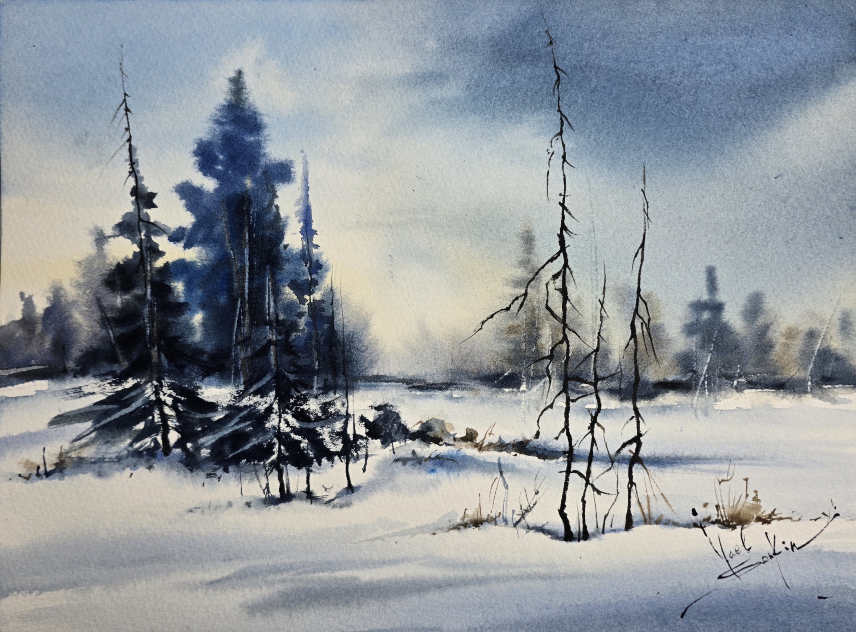 Original watercolor painting “Silent Winter Morning” by Yael Natali - serene snowy forest landscape with pine trees and soft pastel sky in blue and golden tones, peaceful winter nature scene, fine art wall decor