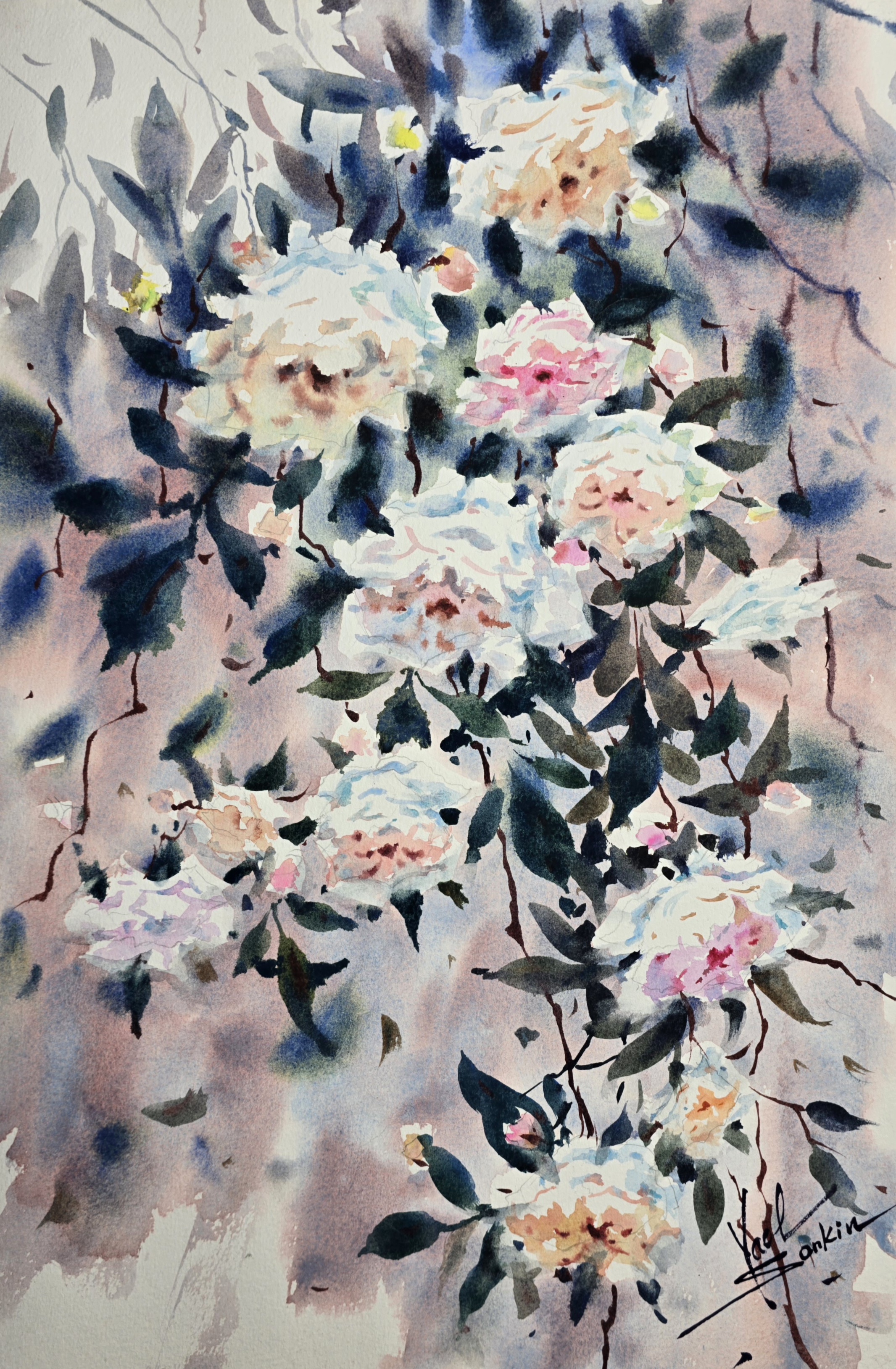 Original watercolor painting of soft white roses, expressive floral art on paper