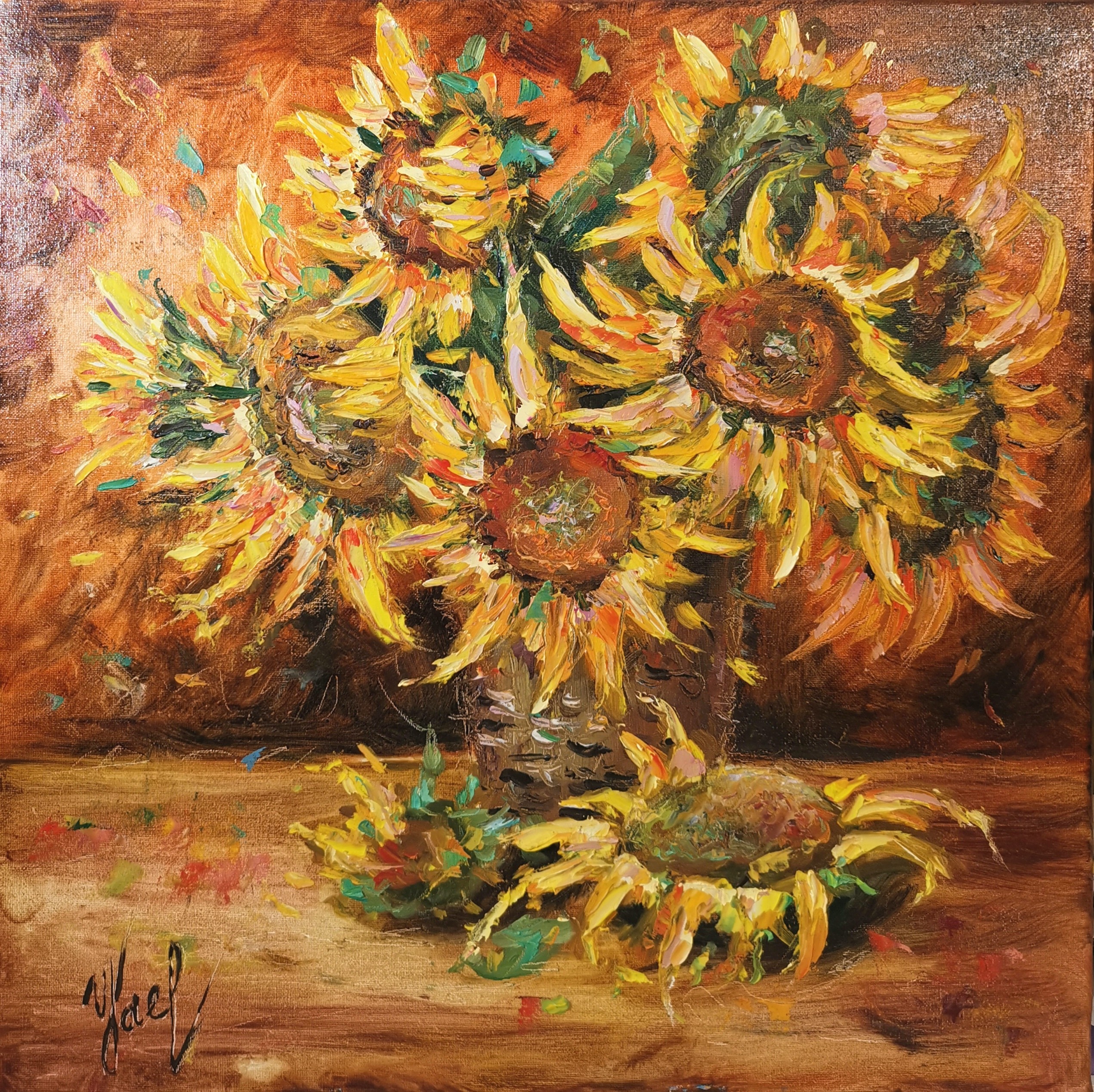 Golden Sunflowers Bouquet – original impasto oil painting on canvas, textured floral artwork with vibrant yellow sunflowers, 19.5x19.5 inches