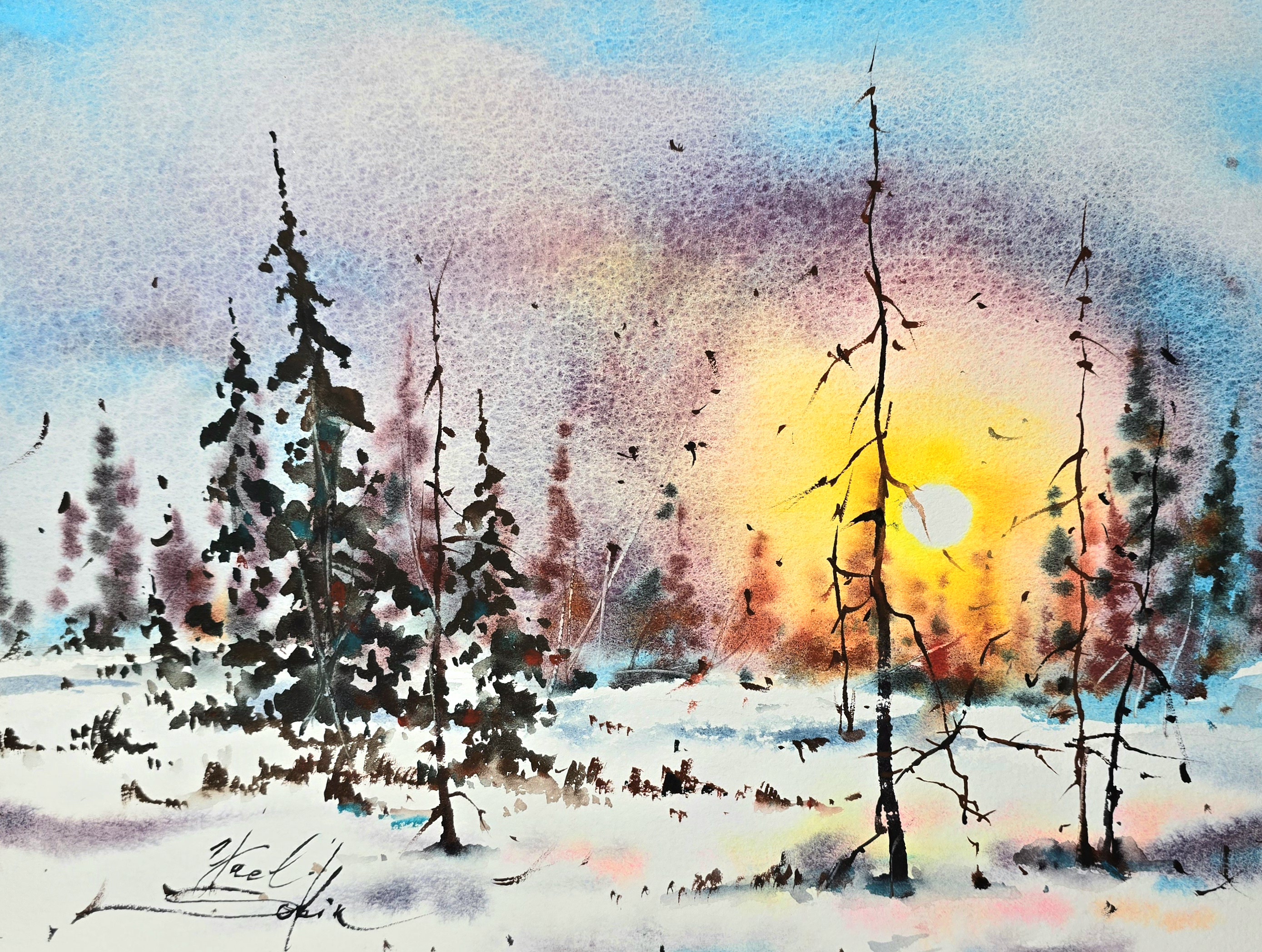 original watercolor winter sunset painting, snowy pine trees landscape, golden sun, signed artwork by yael natali