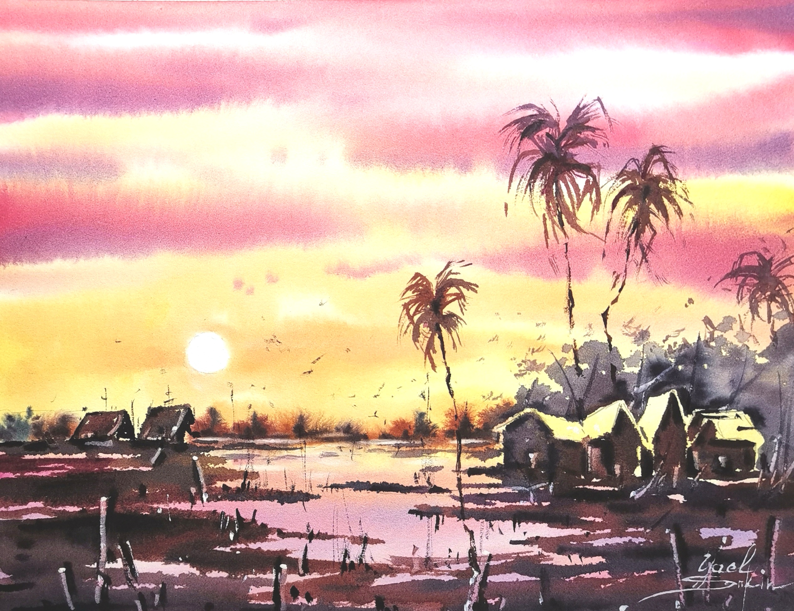Original watercolor painting “Sunset in Vietnam” by Yael Natali — tropical sunset landscape with palm trees, village huts, and warm reflections on water in pink, orange, and golden tones, Southeast Asian scenery, fine art wall decor