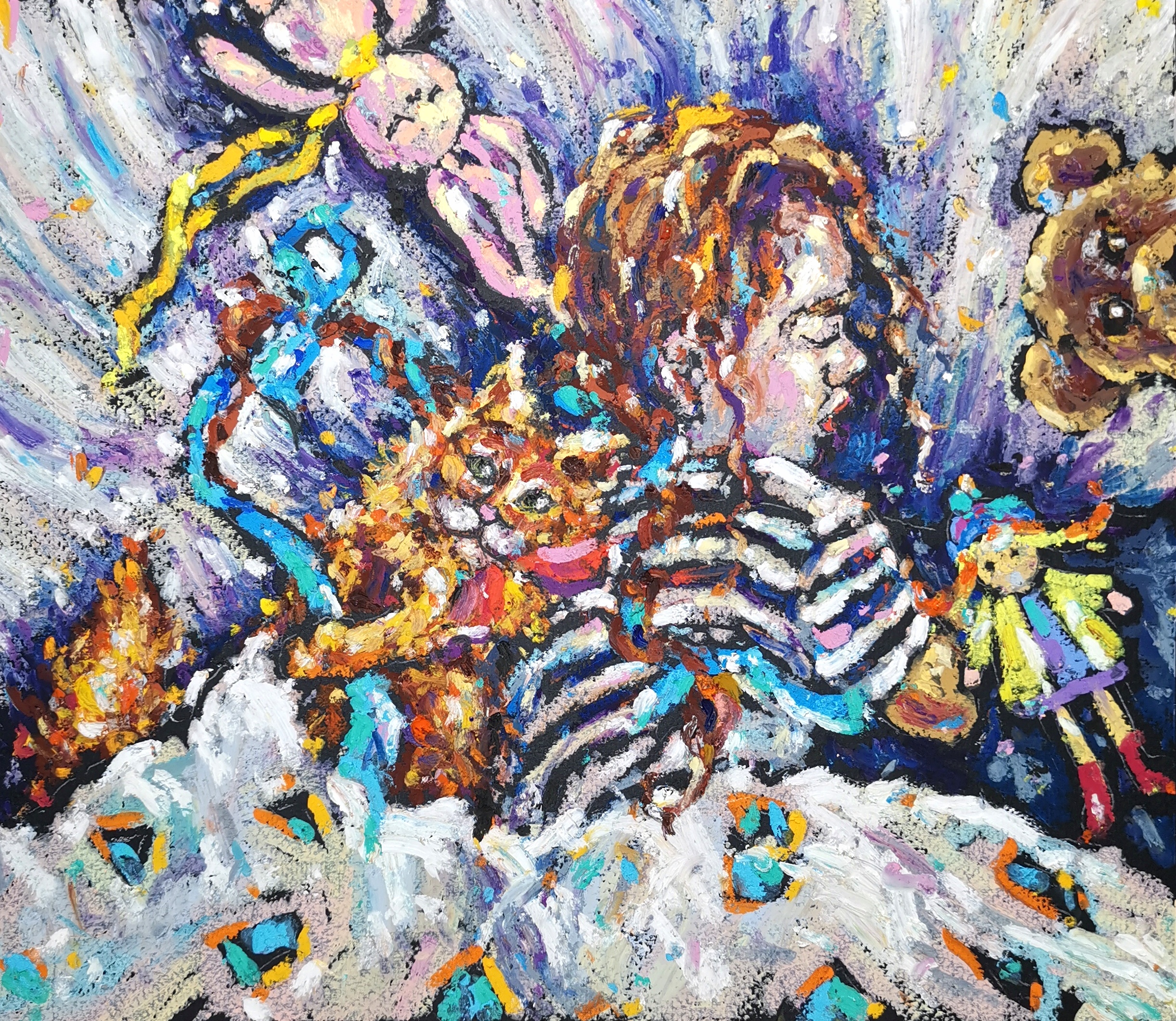 original oil pastel painting childhood dreams with toys, child sleeping with teddy bear, bunny and doll, colorful expressive artwork, 11.5x13.5 inches