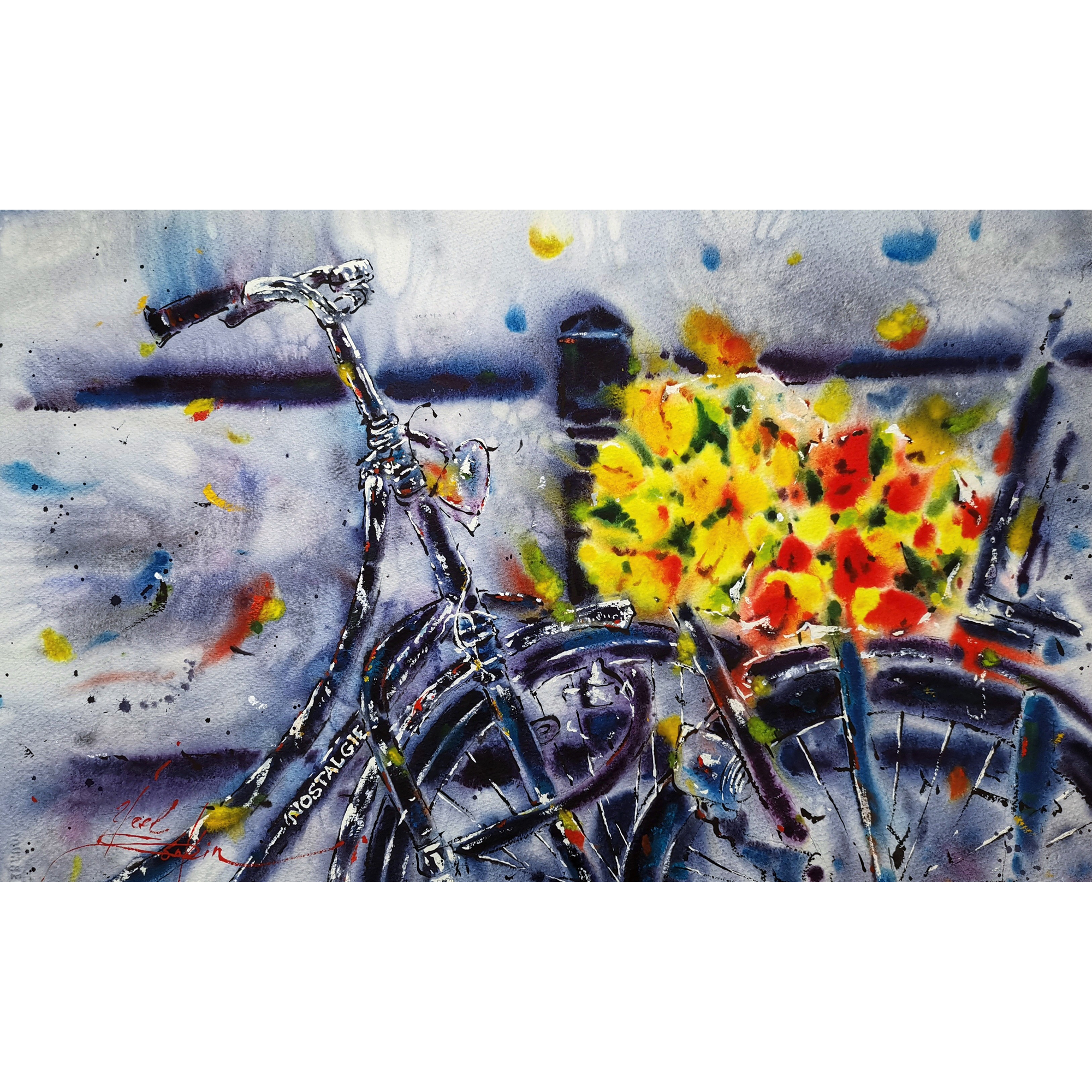 original watercolor painting of amsterdam bicycles and tulips, dutch city wall art, signed by artist, 15x22 inches