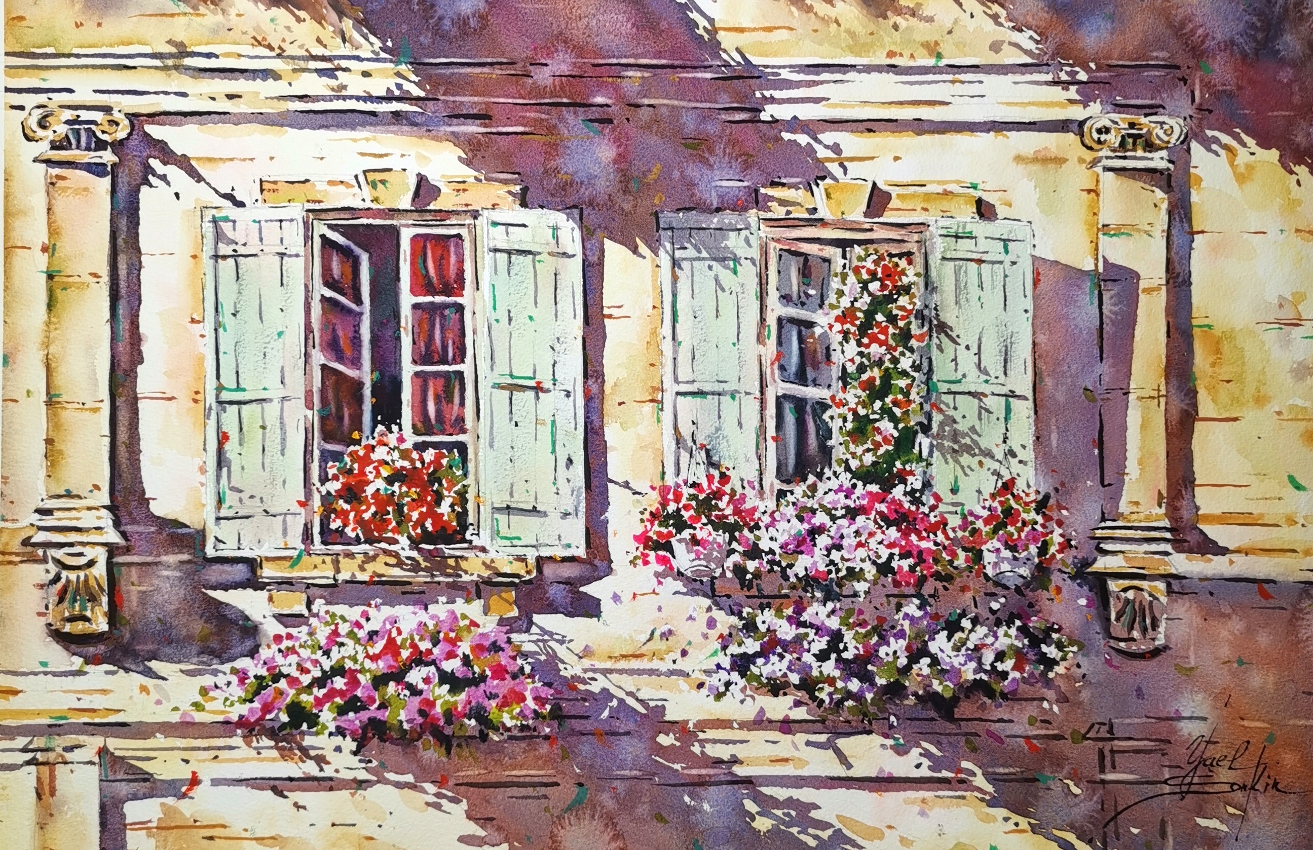 Original watercolor painting “French Blooming Windows” by Yael Natali – Provence stone house with pastel shutters and vibrant blooming flowers, French countryside wall art, 15x22 inches