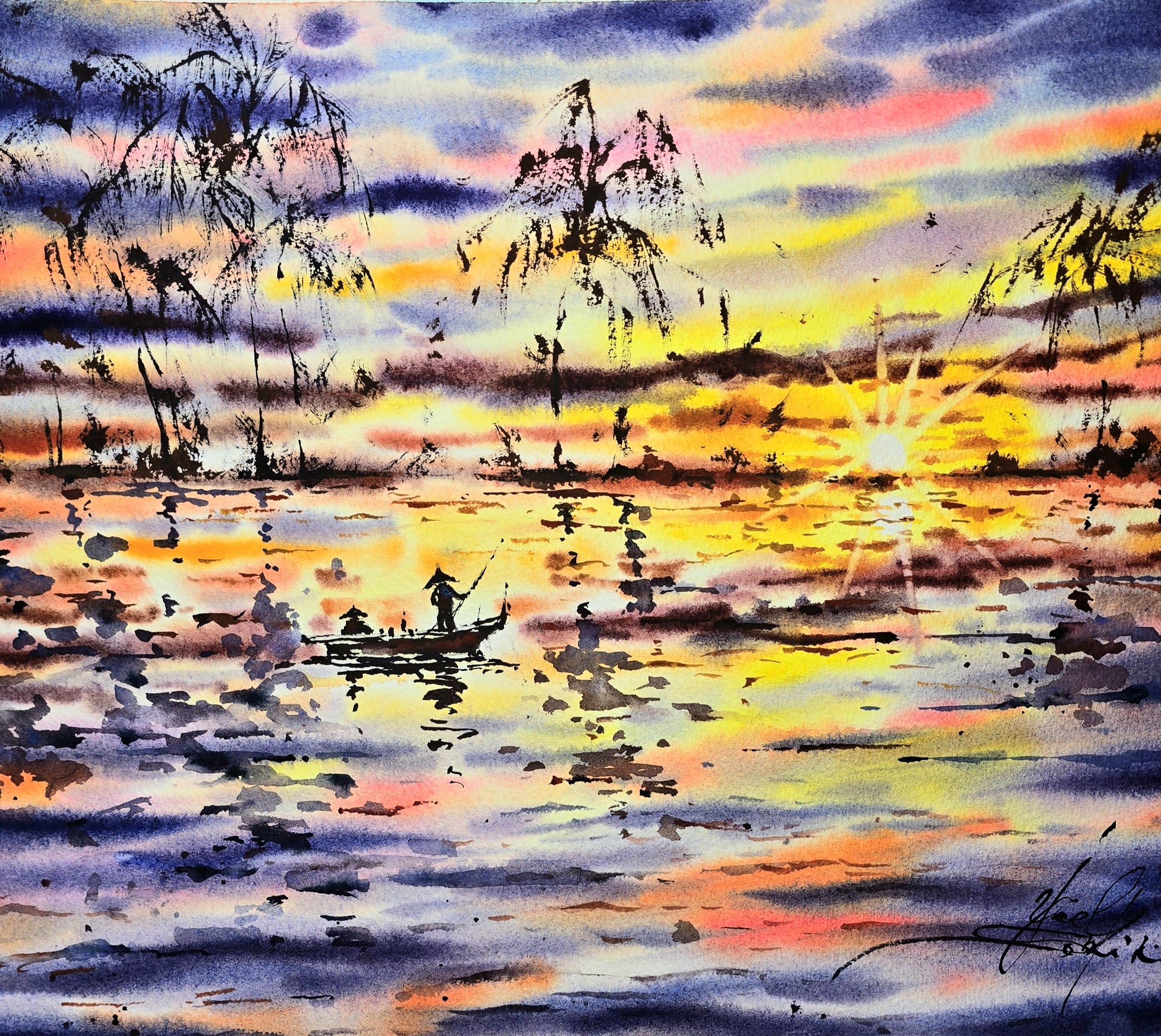 original watercolor painting Golden Reflections of Mekong, Vietnam river sunset landscape with boat, wall art 11x15 in