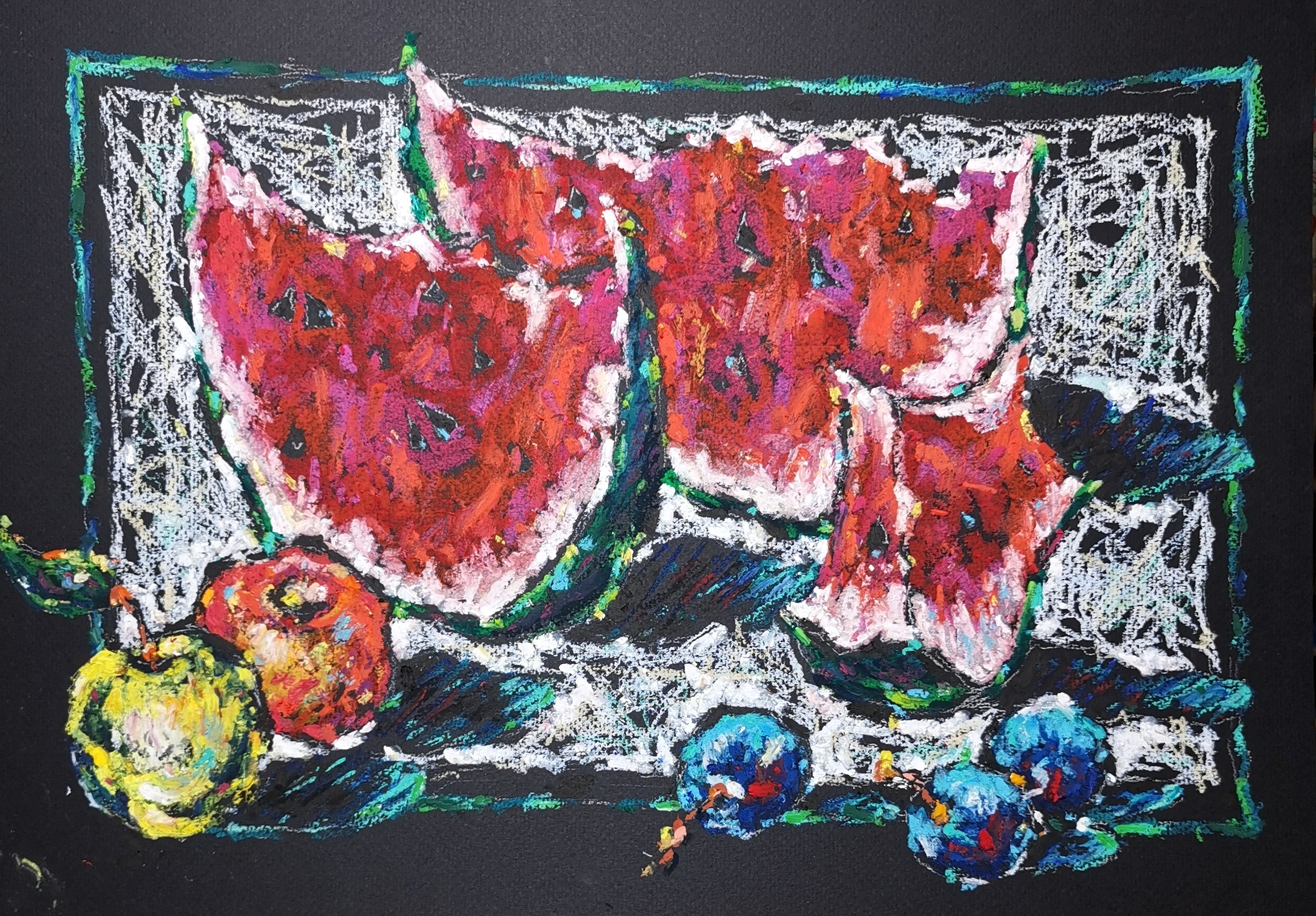 original oil pastel still life painting with watermelon slices, plums and apples, colorful fruit artwork on paper, 11.5x16.5 inches