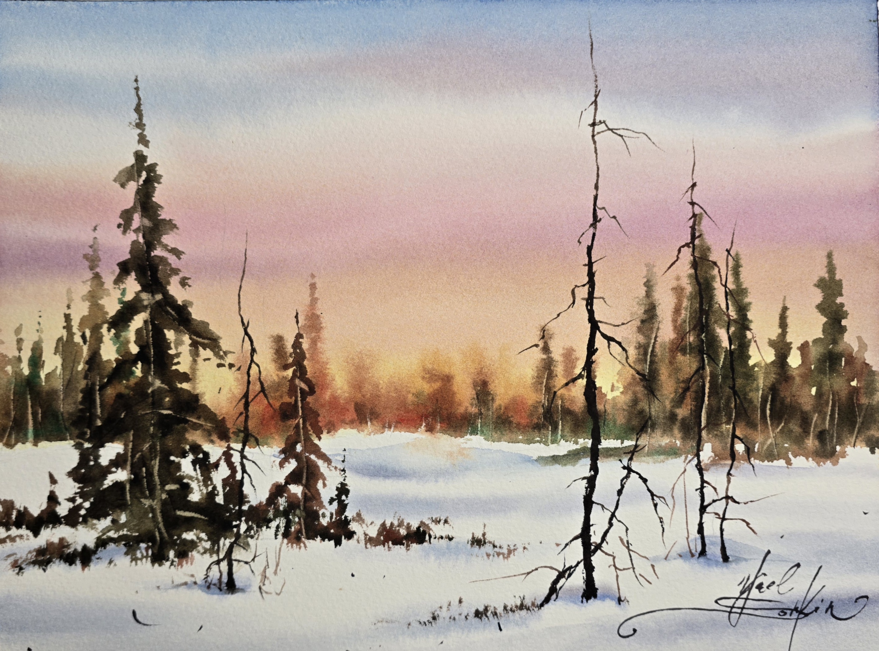 Whisper of Winter watercolor painting by Yael Natali — original 9x12 inch snowy landscape with trees, pastel sky in pink and gold tones, serene winter sunrise scene, fine art wall decor