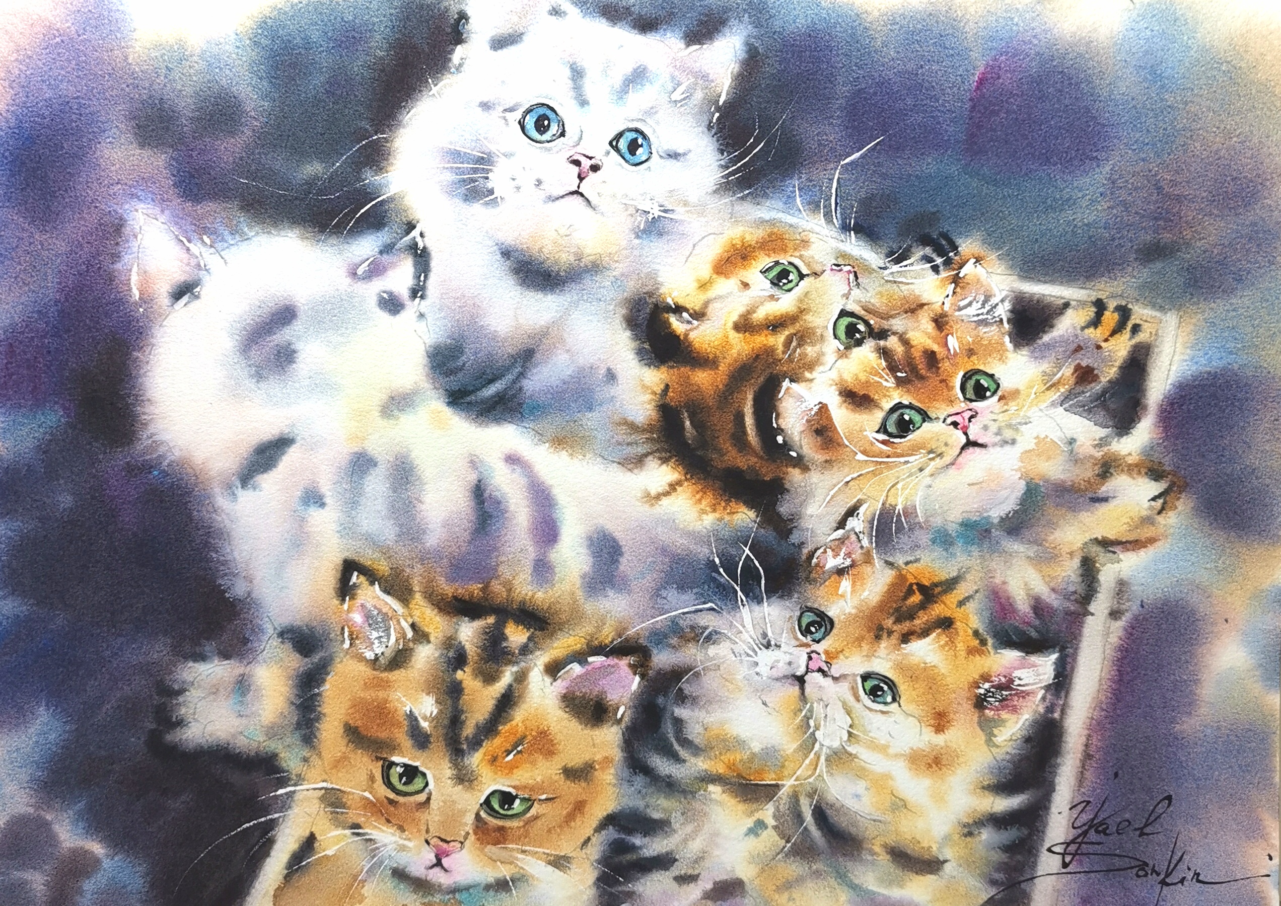 watercolor painting of playful kittens in a box, fluffy orange and white cats with bright green and blue eyes, original cat artwork by Yael Natali, 9x12 inches