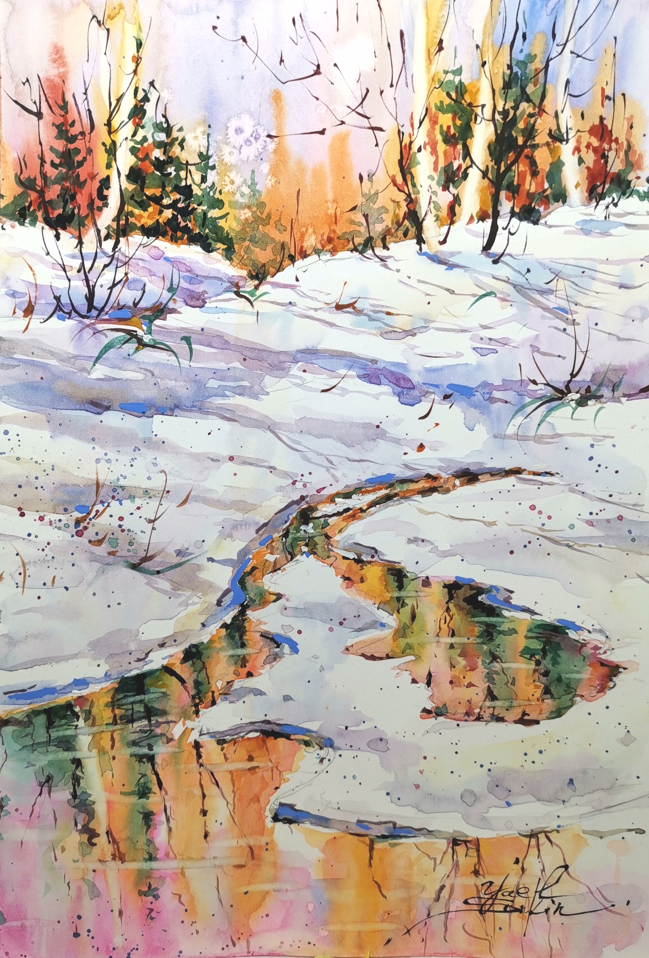 original watercolor winter landscape painting of a snowy forest with a stream and colorful reflections, handmade wall art 11.5x8.3 inches by Yael Natali