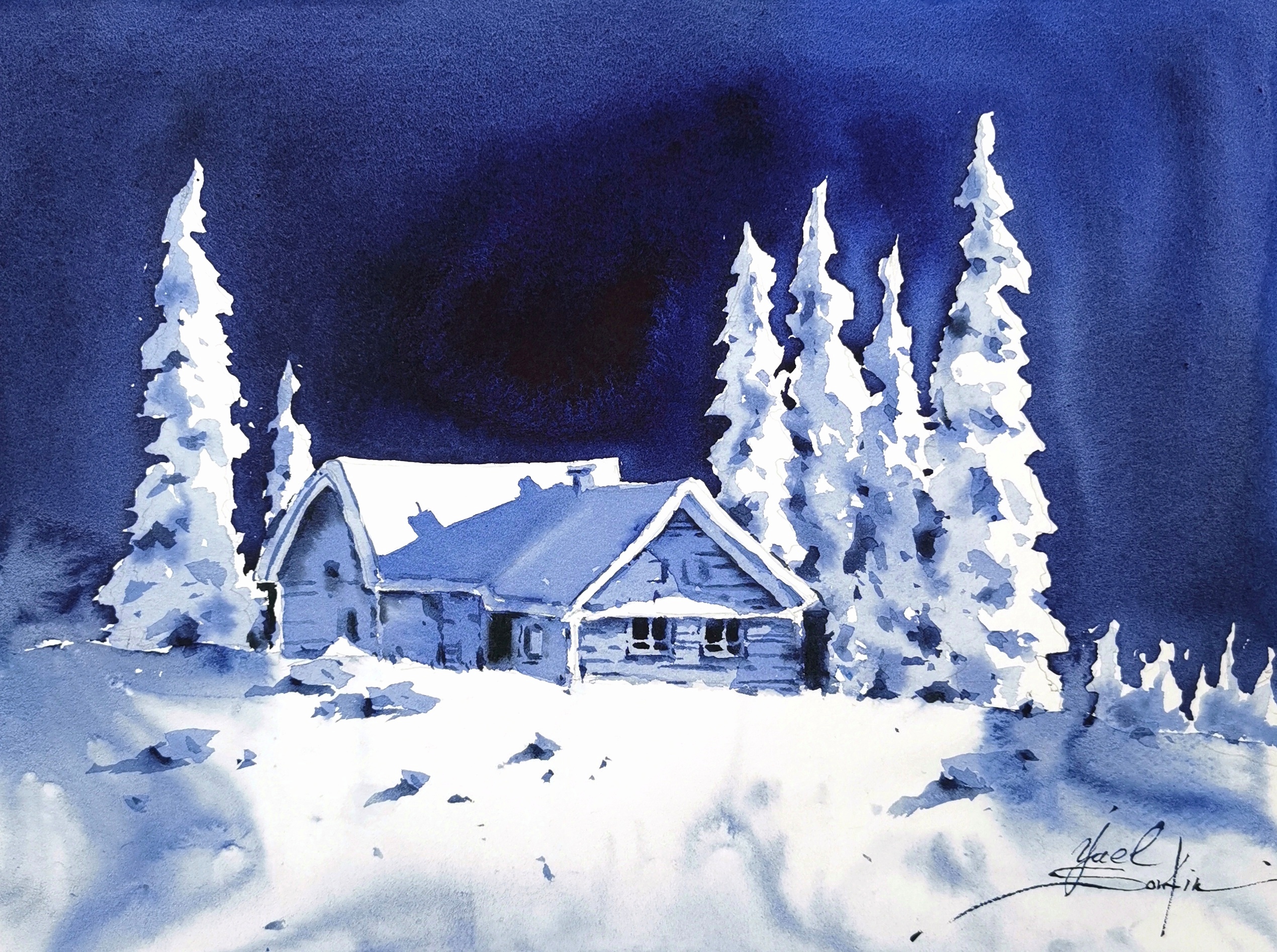 Original watercolor painting “Winter Night Cabin” by Yael Natali — peaceful snowy landscape with a cozy wooden house surrounded by pine trees under a deep blue night sky. Hand-painted winter scene artwork, fine art wall decor for cabin or holiday home, unframed