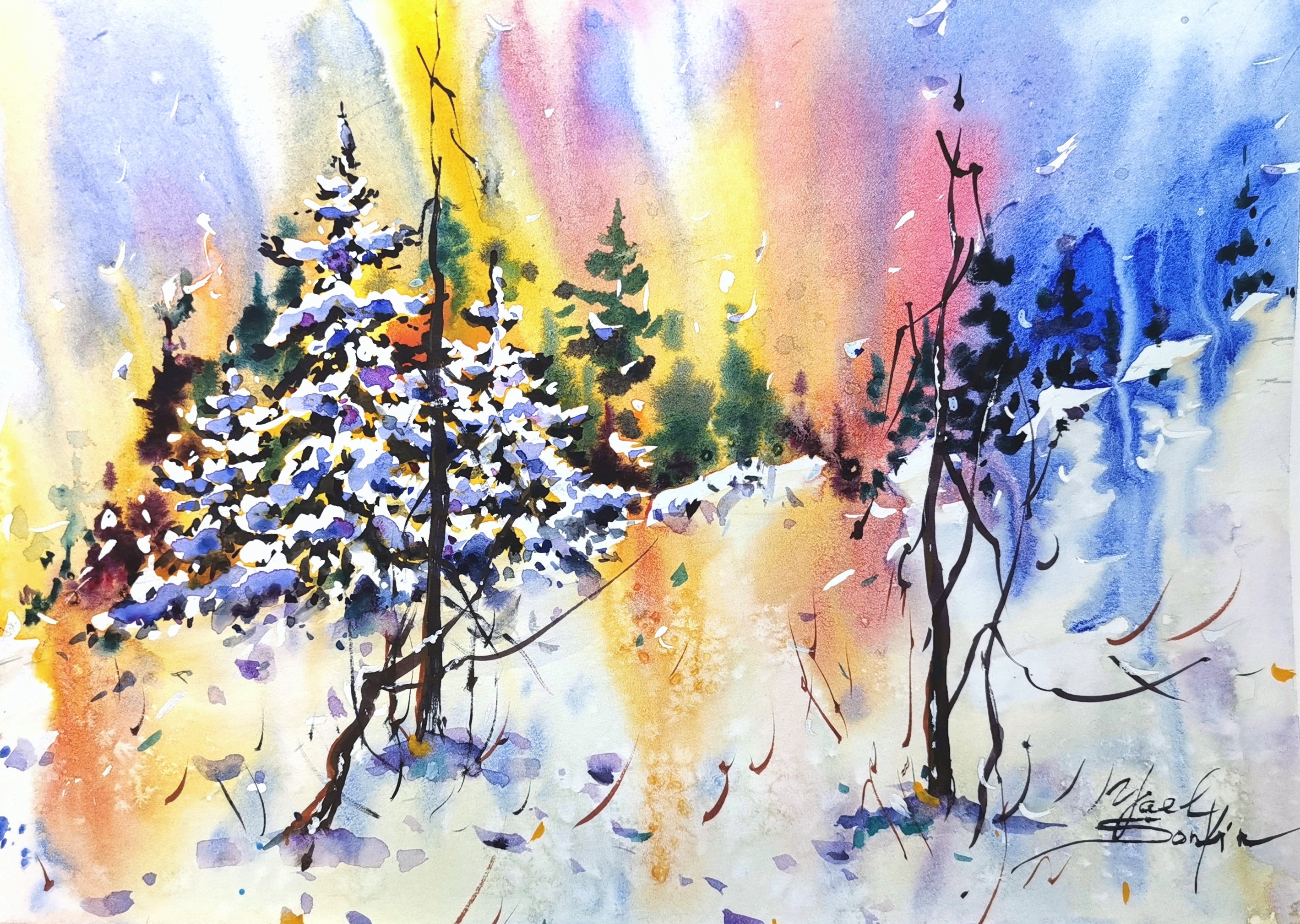 Original watercolor painting “Winter Sunset” by Yael Natali - snowy forest landscape with pine trees, sunset sky, and colorful reflections on the snow. Winter scenery artwork in soft shades of blue, violet, and gold, peaceful and atmospheric nature painting