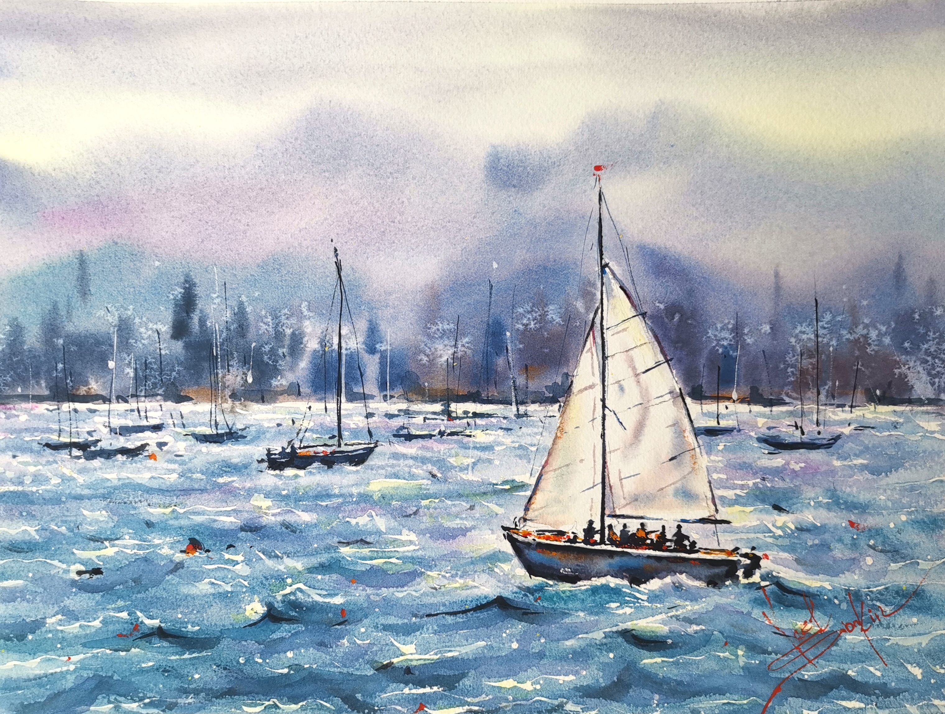 Original watercolor painting “Yacht Regatta” by Yael Natali — sailing boats on a windy sea, watercolor seascape with waves and yachts, nautical wall art, ocean painting 11x15 inches