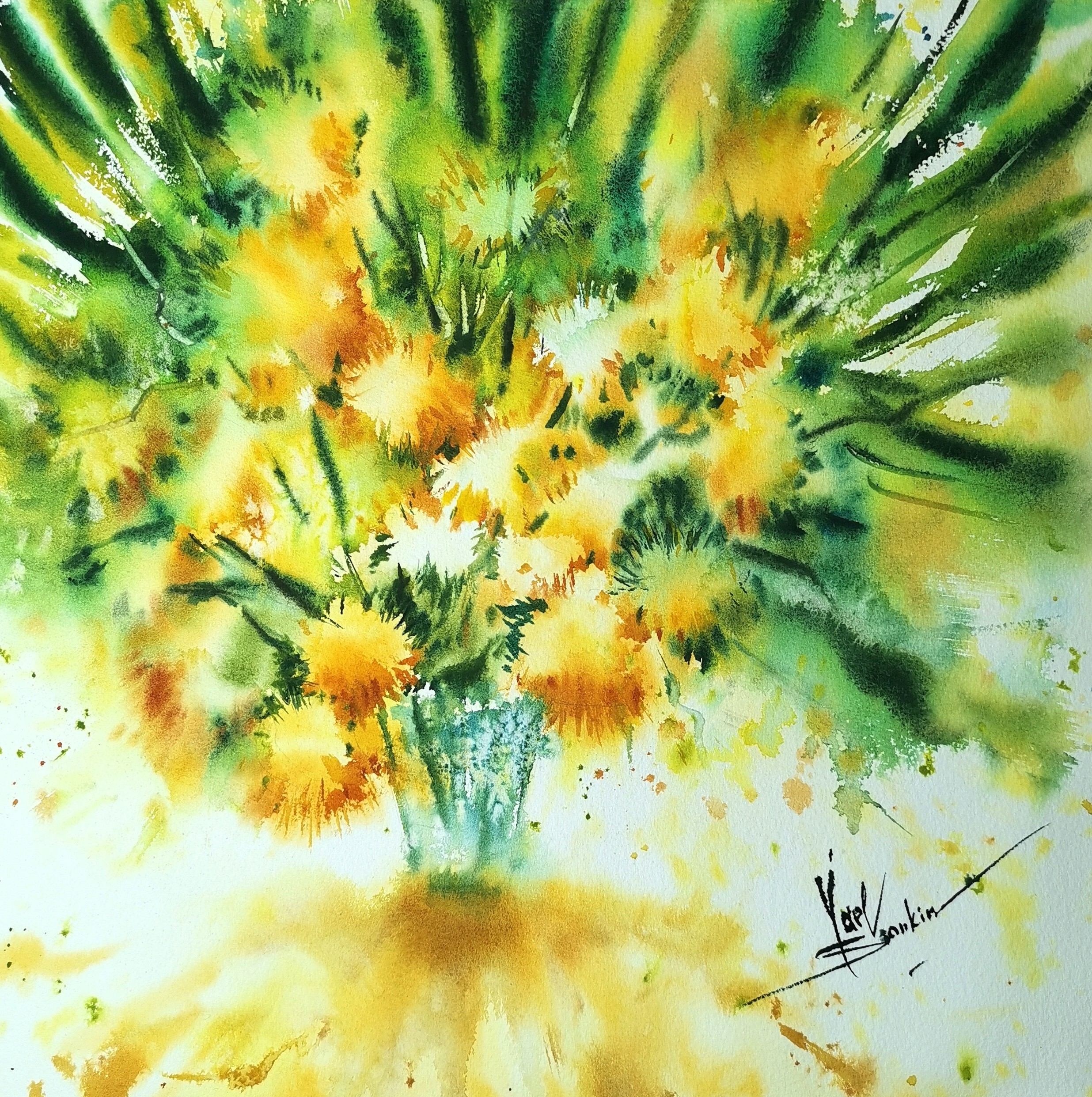 sunny floral watercolor painting, yellow bouquet in green tones, original wall art