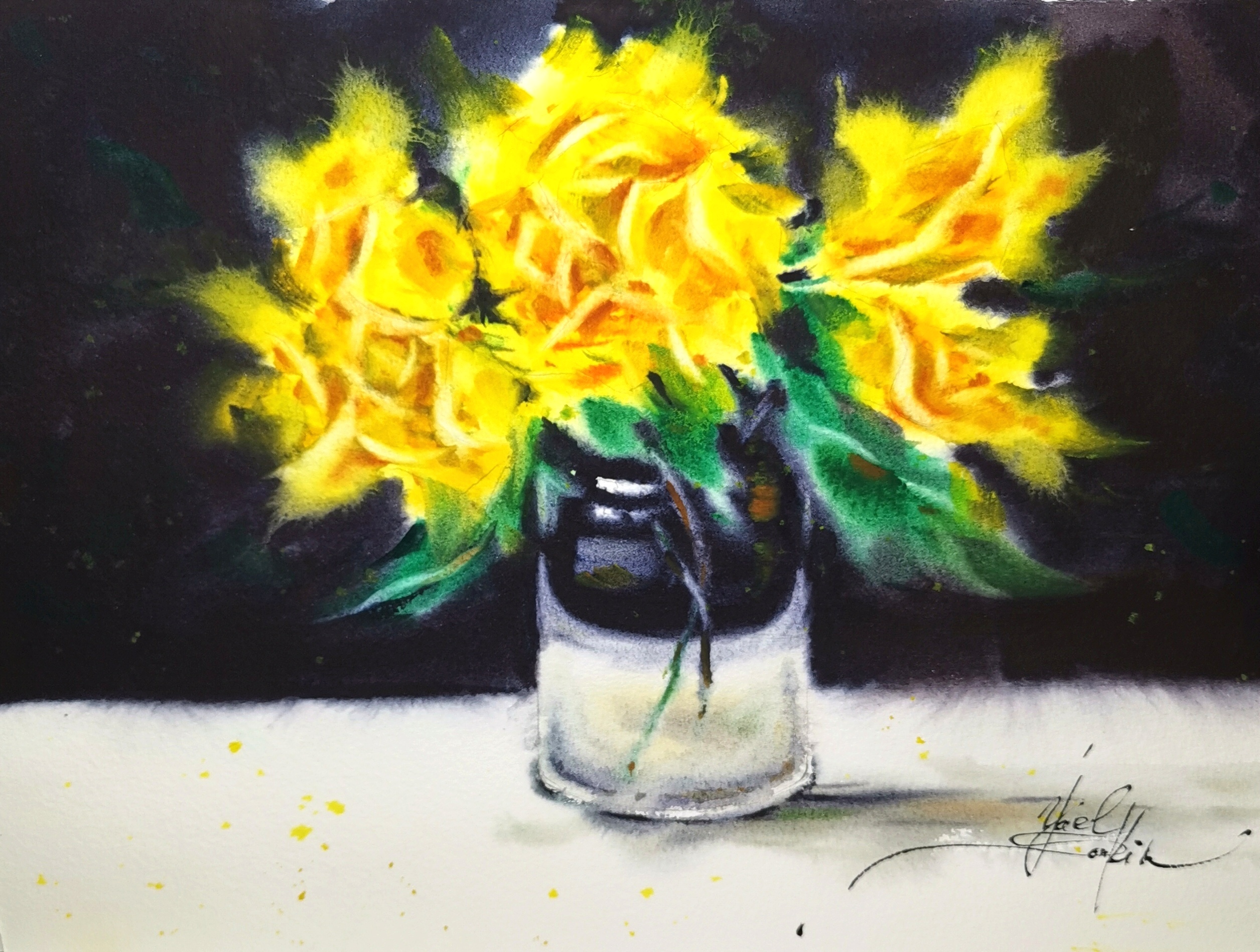 original watercolor painting of yellow roses on dark background with emerald green, indigo and carmine red tones, floral wall art 11x15 inches