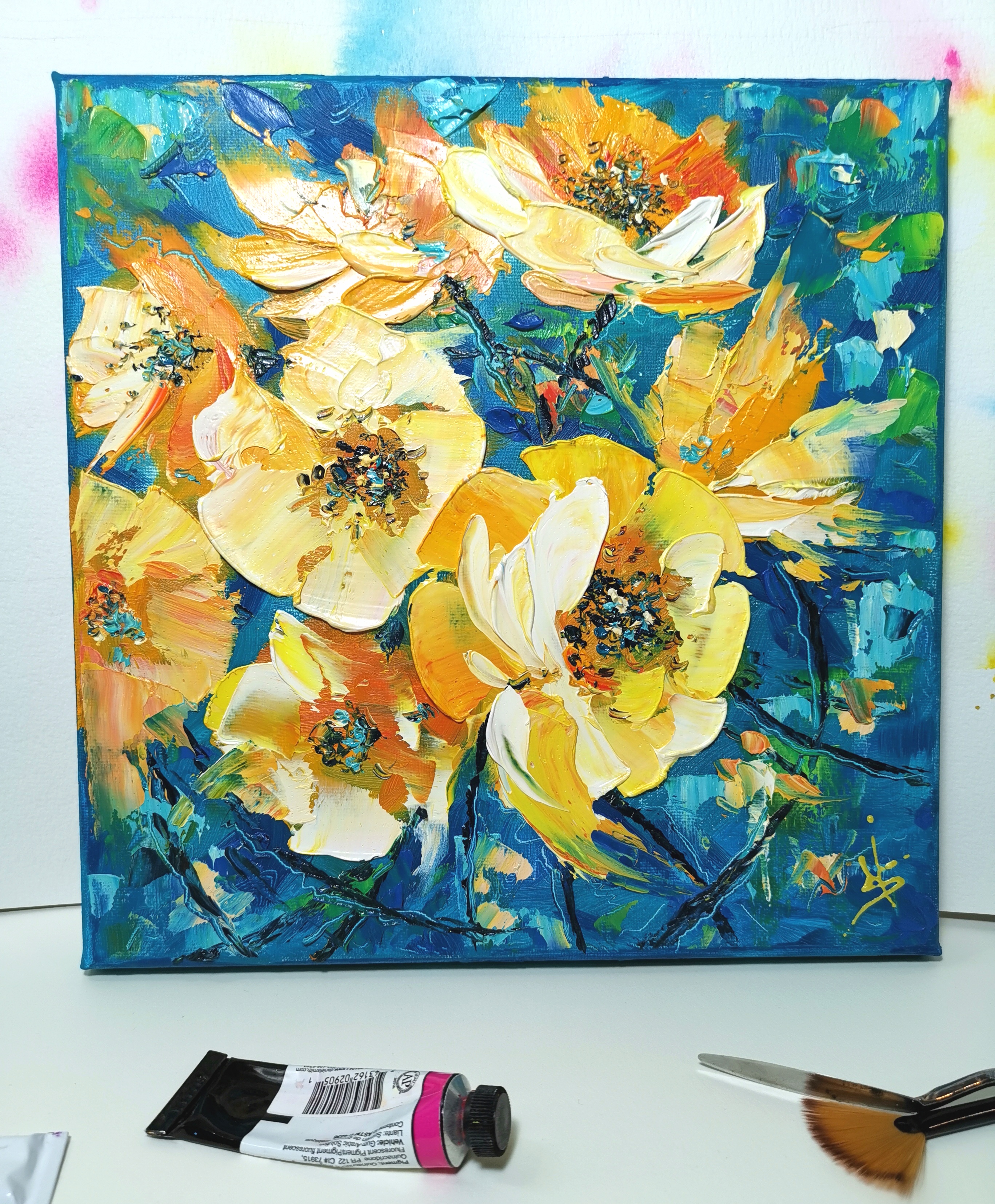 original impasto oil painting of bright yellow flowers on blue background, textured floral wall art, 10x10 inches